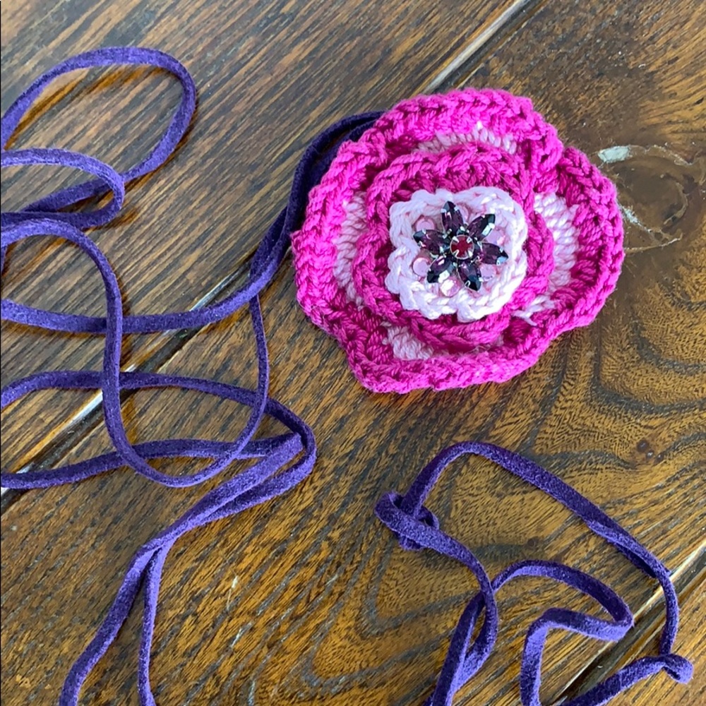 Crochet flower and rhinestone headband